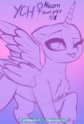 Size: 645x946 | Tagged: safe, artist:taiweiart, oc, oc only, alicorn, pony, :p, alicorn oc, chest fluff, commission, female, horn, mare, one eye closed, solo, tongue out, wings, wink, your character here