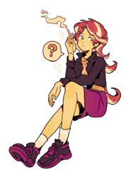 Size: 1400x1837 | Tagged: safe, artist:yanming98294, sunset shimmer, human, equestria girls, g4, cigarette, female, question mark, simple background, sitting, smoking, solo, speech bubble, white background