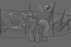 Size: 3000x2000 | Tagged: safe, artist:aaathebap, pegasus, pony, robot, city, dystopia, fence, grayscale, high res, looking back, monochrome, ominous, sketch, skyline, spikes