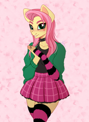 Size: 1276x1749 | Tagged: safe, artist:vetta, fluttershy, anthro, dtiys emoflat, g4, abstract background, choker, clothes, draw this in your style, evening gloves, female, fingerless elbow gloves, fingerless gloves, gloves, grin, jacket, long gloves, looking at you, mare, plaid skirt, skirt, smiling, smiling at you, socks, solo, spiked choker, striped gloves, striped socks, thigh highs