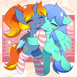 Size: 1772x1772 | Tagged: safe, oc, oc:飒星, oc:黄昏夜雨, pegasus, pony, unicorn, artificial wings, augmented, bipedal, clothes, cute, group photo, horn, mechanical wing, shipping, socks, striped socks, wings