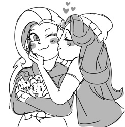 Size: 1113x1130 | Tagged: safe, artist:cherivinca, starlight glimmer, trixie, human, equestria girls, g4, :3, ;3, cheek kiss, duo, female, kissing, lesbian, monochrome, plushie, self plushidox, ship:startrix, shipping