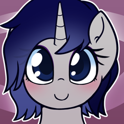 Size: 1000x1000 | Tagged: safe, artist:puetsua, oc, oc:moonlit silver, pony, unicorn, blue eyes, blushing, female, gray coat, horn, looking at you, simple background, smiling, smiling at you, solo, unicorn oc