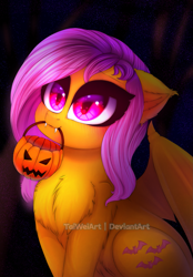 Size: 1393x2000 | Tagged: safe, artist:taiweiart, fluttershy, bat pony, pony, g4, bat ponified, chest fluff, cute, fangs, female, flutterbat, mare, mouth hold, pumpkin bucket, race swap, shyabetes, solo