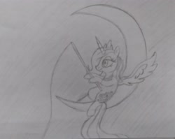 Size: 3715x2962 | Tagged: safe, artist:mjangelvortex, princess luna, alicorn, pony, g4, april fools, april fools 2023, crescent moon, dreamworks, female, fishing, fishing rod, high res, logo parody, mare, moon, parody, pencil drawing, s1 luna, simple background, sketch, solo, traditional art