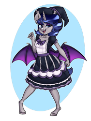 Size: 774x1032 | Tagged: safe, artist:annakitsun3, oc, oc:moonlit silver, hybrid, anthro, unguligrade anthro, bat wings, blue eyes, clothes, eyeshadow, fangs, gray coat, happy, hat, hooves, hybrid oc, maid, makeup, pose, simple background, wings, witch, witch hat