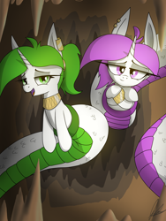 Size: 3000x4000 | Tagged: safe, artist:flaremoon, oc, oc:rosmarin, oc:thymian, lamia, original species, snake, snake pony, cave, ear piercing, earring, female, jewelry, looking at you, looking back, looking back at you, makeup, piercing, seductive look, siblings, sisters