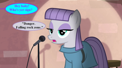 Size: 1280x720 | Tagged: safe, edit, edited screencap, editor:korora, screencap, maud pie, earth pony, pony, g4, the maud couple, dialogue, implied oc, maud pie is not amused, maud the comedian, microphone, offscreen character, pickup lines, shipping denied, speech bubble, spotlight, unamused