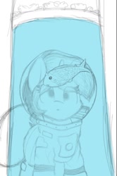 Size: 620x931 | Tagged: safe, artist:aaathebap, oc, oc:bottom quark, fish, pony, unicorn, astronaut, female, filly, fish tank, foal, sketch, spacesuit, water