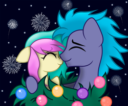 Size: 2801x2334 | Tagged: safe, oc, oc only, oc:strenshoe starry, oc:venus, pony, bauble, duo, duo male and female, eyes closed, female, fireworks, high res, hug, male, nose wrinkle, starry night, stars, wreath