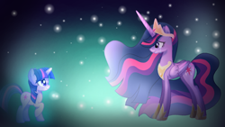 Size: 1280x720 | Tagged: safe, artist:diniarvegafinahar, twilight sparkle, alicorn, pony, unicorn, g4, the last problem, crown, crying, duality, duo, duo female, ethereal mane, female, jewelry, looking at each other, looking at someone, mare, older, older twilight, older twilight sparkle (alicorn), princess twilight 2.0, raised hoof, regalia, self paradox, self ponidox, smiling, stars, time paradox, twilight sparkle (alicorn), unicorn twilight