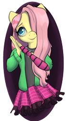 Size: 1240x2248 | Tagged: safe, artist:dumbwoofer, fluttershy, anthro, dtiys emoflat, g4, choker, clothes, cute, draw this in your style, evening gloves, fingerless elbow gloves, fingerless gloves, gloves, hair over one eye, hoodie, long gloves, shyabetes, simple background, skirt, solo, spiked choker, striped gloves, sweater, transparent background