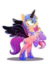 Size: 768x1024 | Tagged: safe, artist:diniarvegafinahar, nightmare moon, sunny starscout, earth pony, pony, g4, g5, angry, base used, cosplay, costume, fake horn, fake wings, female, g5 to g4, generation leap, helmet, mane stripe sunny, mare, nightmare moon armor, nightmare night costume, nightmare sunny, rearing, simple background, solo, teeth, white background
