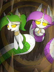 Size: 3000x4000 | Tagged: safe, artist:flaremoon, oc, oc:rosmarin, oc:thymian, lamia, original species, snake, snake pony, cave, ear piercing, earring, fangs, female, hypno eyes, hypnosis, jewelry, looking at you, looking back, looking back at you, piercing, seductive look, siblings, sisters