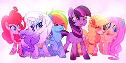 Size: 4032x2022 | Tagged: safe, artist:diniarvegafinahar, applejack, fluttershy, pinkie pie, rainbow dash, rarity, twilight sparkle, earth pony, pegasus, pony, unicorn, g4, base used, blaze (coat marking), coat markings, colored wings, cowprint, earth pony twilight, facial markings, female, g5 concept leaks, gradient mane, gradient tail, high res, horn, mane six, mare, movie accurate, multicolored wings, one eye closed, open mouth, pegasus pinkie pie, race swap, rainbow wings, raised hoof, smiling, tail, teeth, unicorn fluttershy, wings, wink