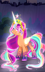 Size: 1016x1604 | Tagged: safe, artist:diniarvegafinahar, sunny starscout, alicorn, earth pony, pony, g5, artificial horn, artificial wings, augmented, big crown thingy, crown, element of magic, female, glowing, glowing horn, glowing wings, horn, jewelry, long mane, long tail, magic, magic horn, magic wings, mane stripe sunny, mare, race swap, rainbow power, rainbow power-ified, regalia, solo, sunnycorn, tail, wings