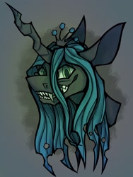 Size: 1620x2160 | Tagged: safe, artist:randombeef, queen chrysalis, changeling, changeling queen, g4, bust, fangs, grin, sharp teeth, smiling, solo, teeth