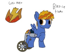 Size: 702x523 | Tagged: safe, artist:amelia, oc, oc only, oc:blazing flame, pegasus, pony, colt, cutie mark, foal, male, raised hoof, reference sheet, simple background, solo, wheelchair, white background, wings
