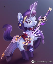 Size: 3403x4096 | Tagged: safe, artist:caddea, pony, unicorn, clothes, female, flower, flower in hair, genshin impact, glowing, glowing horn, horn, looking at you, mare, ponified, raiden shogun (genshin impact), sword, weapon
