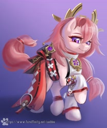 Size: 3403x4096 | Tagged: safe, artist:caddea, earth pony, pony, clothes, female, genshin impact, high res, looking at you, mare, ponified, raised hoof, yae miko (genshin impact)