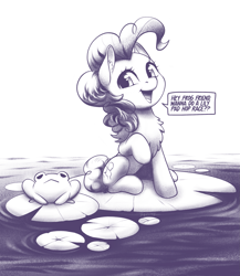 Size: 1967x2262 | Tagged: safe, artist:taytinabelle, derpibooru exclusive, pinkie pie, earth pony, frog, pony, g4, :<, black and white, chest fluff, dialogue, ear fluff, female, grayscale, happy, lilypad, looking at you, mare, monochrome, open mouth, raised hoof, smiling, solo, speech bubble, water