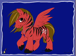 Size: 805x599 | Tagged: safe, artist:superwoodymatthew, screencap, oc, oc only, oc:tiger symphony, pegasus, pony, black eye, blonde mane, blonde tail, blue background, jewelry, male, music notes, necklace, original character do not steal, pony maker, red and black oc, simple background, solo, tail, unshorn fetlocks, wings