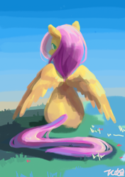 Size: 1748x2480 | Tagged: safe, artist:tcniu, fluttershy, pegasus, pony, g4, aside glance, butt, female, looking at you, looking back, looking back at you, mare, solo