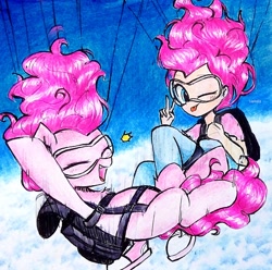 Size: 2082x2068 | Tagged: safe, artist:liaaqila, pinkie pie, earth pony, human, pony, g4, commission, duality, goggles, humanized, parachute, self paradox, self ponidox, skydiving, traditional art