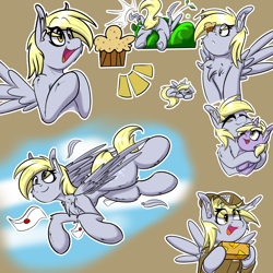 Size: 2000x2000 | Tagged: safe, artist:aryn, derpy hooves, dinky hooves, pegasus, pony, g4, crash, flying, food, hat, high res, hug, letter, mailmare, mailmare hat, mailmare uniform, muffin, package, simple background, sleeping