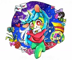 Size: 1976x1636 | Tagged: safe, artist:tcniu, bon bon, lyra heartstrings, sweetie drops, earth pony, pony, unicorn, g4, candy, female, flower, food, heart, letter, mare, mouth hold, solo focus