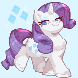 Size: 2000x2000 | Tagged: safe, artist:lumiville, rarity, pony, unicorn, g4, blue background, chest fluff, cute, diamonds, eyeshadow, female, high res, looking at you, makeup, mare, raised leg, raribetes, simple background, smiling, smiling at you, solo