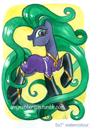 Size: 500x712 | Tagged: safe, artist:amy mebberson, mane-iac, earth pony, pony, g4, bodysuit, clothes, eyelashes, female, looking at you, mare, solo, traditional art