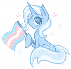 Size: 2048x1986 | Tagged: safe, artist:ammersarts, trixie, pony, unicorn, g4, ears up, horn, pride, pride flag, simple background, sitting, smiling, solo, stars, transgender pride flag