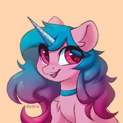 Size: 1000x1000 | Tagged: safe, artist:dodsie, izzy moonbow, pony, unicorn, g5, female, hair, horn, mane, mare, open mouth, open smile, pink eyes, simple background, smiling, solo