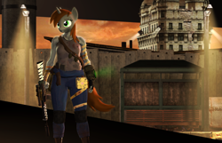 Size: 3286x2115 | Tagged: safe, artist:dark-fic, oc, oc:littlepip, unicorn, anthro, fallout equestria, 3d, bandage, clothes, dirty, ear fluff, female, fluffy, gun, high res, jumpsuit, rifle, solo, source filmmaker, standing, tank top, tower, vault suit, weapon