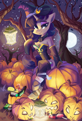 Size: 2765x4091 | Tagged: safe, artist:saxopi, oc, oc only, oc:moonlit silver, unicorn, semi-anthro, arm hooves, bare tree, candy, candy cane, clothes, eyeshadow, food, halloween, hat, holiday, horn, jack-o-lantern, lantern, makeup, moon, night, nightmare night, pumpkin, solo, stars, tree, unicorn oc, witch, witch hat
