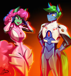 Size: 1189x1280 | Tagged: safe, artist:belise, oc, oc only, oc:software patch, oc:windcatcher, anthro, anthro oc, clothes, commission, costume, duo, female, glasses, gradient background, halloween, halloween costume, male, neon genesis evangelion, plugsuit, simple background, straight