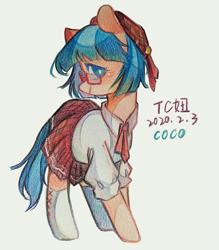 Size: 1121x1280 | Tagged: safe, artist:tcniu, coco pommel, earth pony, pony, g4, aside glance, blushing, clothes, female, glasses, hat, looking at you, mare, shirt, skirt, smiling, socks, solo