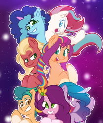 Size: 914x1086 | Tagged: safe, artist:mfmcares, hitch trailblazer, izzy moonbow, misty brightdawn, pipp petals, sprout cloverleaf, sunny starscout, zipp storm, earth pony, pegasus, pony, unicorn, g5, abstract background, female, male, mane five, mane six (g5), mane stripe sunny, mare, open mouth, sprout joins the mane five, stallion