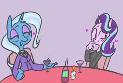 Size: 1154x776 | Tagged: safe, artist:sundzy, starlight glimmer, trixie, unicorn, anthro, g4, alcohol, bottle, breasts, candle, duo, female, heart, lesbian, lidded eyes, ship:startrix, shipping, smiling, wine, wine bottle