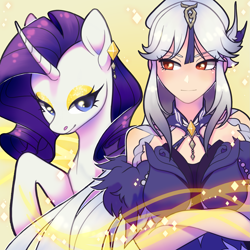 Size: 1605x1605 | Tagged: safe, artist:angalalove, rarity, human, pony, unicorn, g4, clothes, crossover, curved horn, duo, duo female, female, genshin impact, gradient background, horn, human female, looking at each other, looking at someone, mare, ningguang (genshin impact), simple background