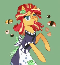 Size: 1902x2048 | Tagged: safe, artist:cerealcowboy1, sunset shimmer, pony, unicorn, g4, female, food, green background, horn, mare, musubi, nikuman, onigiri, open mouth, open smile, simple background, smiling, solo, sushi