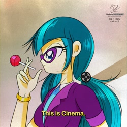 Size: 1920x1920 | Tagged: safe, artist:theratedrshimmer, juniper montage, human, equestria girls, g4, candy, chromatic aberration, female, food, lollipop, meme, ponified meme, solo, this is cinema