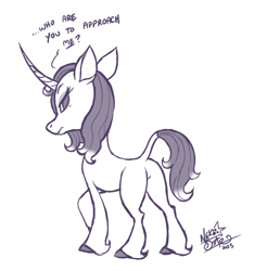 Size: 702x712 | Tagged: safe, artist:nekostar, oleander (tfh), classical unicorn, pony, unicorn, them's fightin' herds, 2023, butt, cloven hooves, community related, dialogue, female, horn, leonine tail, monochrome, offscreen character, oleanderriere, plot, rear view, signature, solo, tail, talking to viewer, unshorn fetlocks