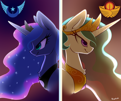 Size: 2500x2083 | Tagged: safe, artist:acersiii, derpibooru exclusive, princess celestia, princess luna, alicorn, pony, g4, april fools 2023, bust, crown, duo, duo female, ethereal mane, female, high res, jewelry, new lunar republic, regalia, rivalry, royal sisters, sibling rivalry, siblings, simple background, sisters, smiling, smug, solar empire, starry mane, watermark