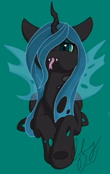 Size: 2397x3772 | Tagged: safe, artist:gleamydreams, queen chrysalis, changeling, changeling queen, g4, ears, green background, high res, horn, looking at you, lying down, simple background, solo, wings