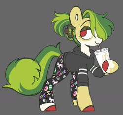 Size: 2030x1896 | Tagged: safe, artist:glowfangs, oc, oc only, oc:pickles, earth pony, pony, body markings, clothes, coat markings, colored hooves, drinking, earth pony oc, facial markings, gradient background, gray background, hairclip, hoodie, leggings, lidded eyes, male, mcdonald's, ponytail, red eyes, simple background, socks (coat markings), solo, stallion, standing, straw, straw in mouth