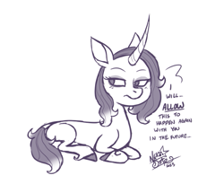 Size: 775x665 | Tagged: safe, artist:nekostar, oleander (tfh), classical unicorn, pony, unicorn, them's fightin' herds, 2023, blushing, cloven hooves, community related, dialogue, female, horn, leonine tail, looking back, lying down, monochrome, oleandere, prone, signature, tail, tsundere, unshorn fetlocks