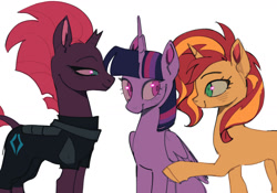 Size: 2021x1414 | Tagged: safe, artist:doctor-pepo, sunset shimmer, tempest shadow, twilight sparkle, alicorn, pony, unicorn, g4, female, lesbian, looking at each other, looking at someone, polyamory, polygamy, ship:sunsetsparkle, ship:tempestlight, shipping, simple background, sitting, tempestlightshimmer, tempestshimmer, trio, twilight sparkle (alicorn), white background