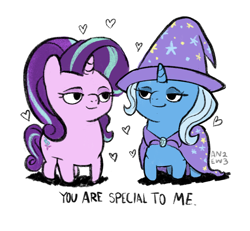 Size: 1344x1243 | Tagged: safe, artist:amynewblue, starlight glimmer, trixie, pony, unicorn, g4, female, heart, lesbian, looking at each other, looking at someone, ship:startrix, shipping, simple background, smiling, smiling at each other, white background